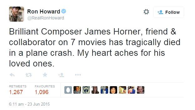 Ron Howard tweet about the death of James Horner