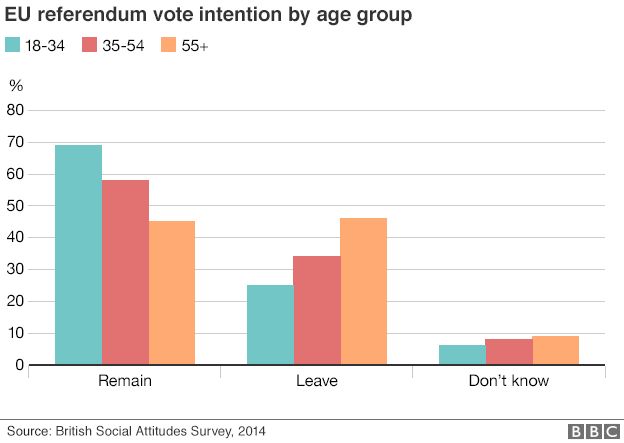 EU referendum vote intention by age group