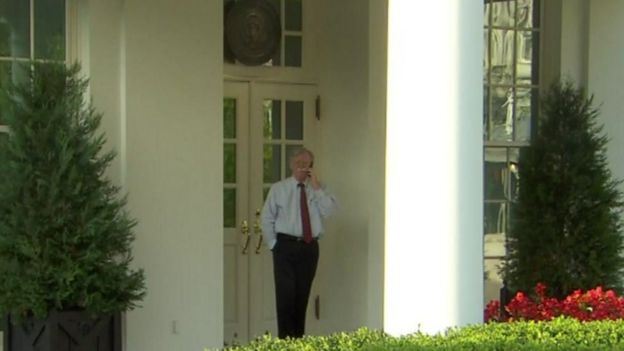 John Bolton was pictured outside the White House on Tuesday morning just before his departure