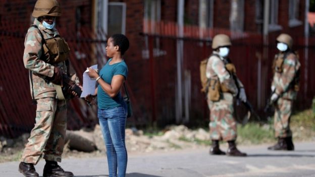 South African soldiers patrolling in Alexandra township during the coronavirus lockdown