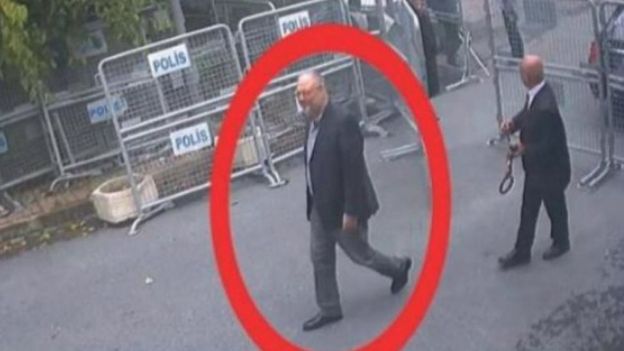 A still image taken from CCTV video and obtained by TRT World claims to show Saudi journalist Jamal Khashoggi, highlighted in a red circle by the source, as he arrives at the Saudi Arabian consulate in Istanbul, Turkey on 2 October 2018