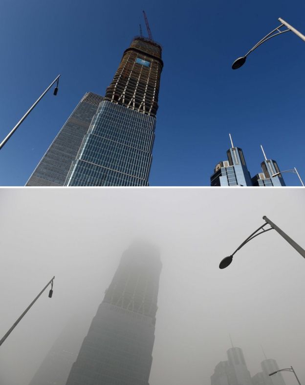 This combination image of two photographs taken on December 3, 2015 (top) and two days earlier on December 1 (bottom) shows a skyscraper under clear skies and in heavy pollution, as seen in the central business district in Beijing.