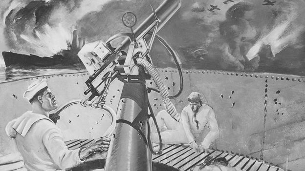 A mural showing Doris Miller firing at Japanese planes during the Pearl Harbor attack