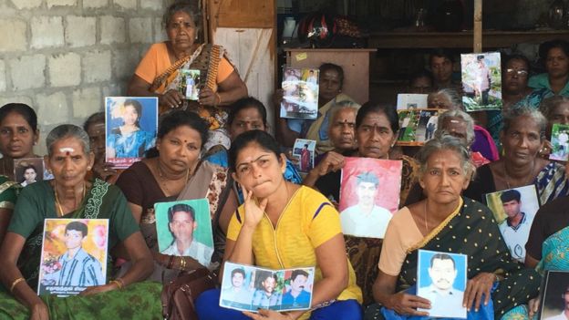 Tamil women protesting in the northern town of Kilinochchi demanding information on their relatives who they say surrendered to the army in 2009