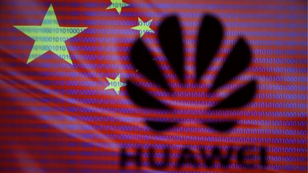 An illustration showing a Huawei logo, the Chinese flag and cyber code