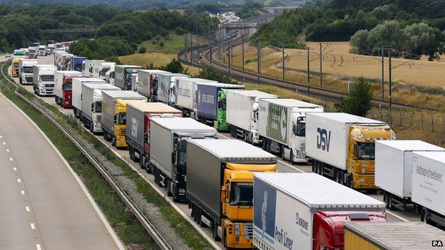Lorries parked on the M20 near Charing, Kent, as part of Operation Stack