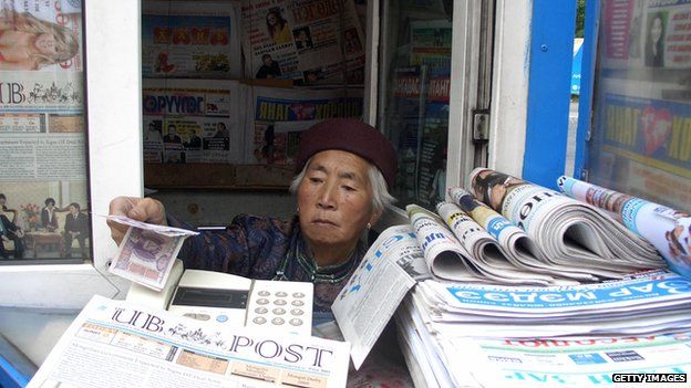 Newspaper vendor in Mongolia