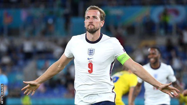Harry Kane celebrates for England after scoring in a 4-0 quarter-final win against Ukraine at the Euros
