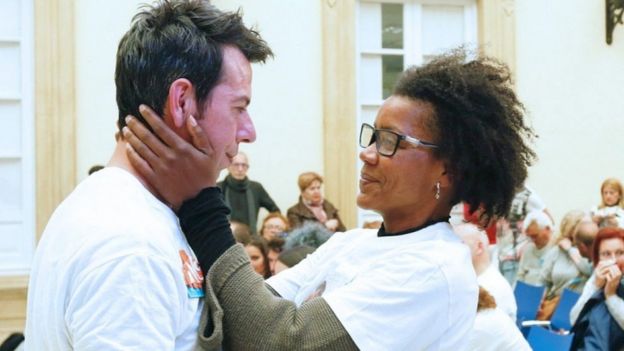 A photo dated 9 March 2018 of Angel Cruz (left), father of missing boy Gabriel Cruz, and his girlfriend Ana Julia Quezada (right) during a rally in Almeria, southern Spain (issued 11 March 2018
