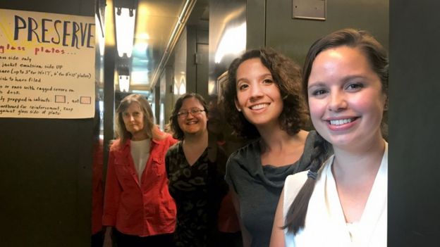 From left to right, these are the women working to digitize the women computers notebooks: librarian Maria McEachern; assistant head librarian Katie Frey; head librarian Daina Bouquin and curator Lindsay Smith Zrull.
