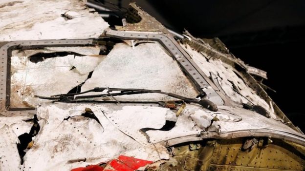 Cockpit wreckage of Malaysia Airlines flight MH17 at the Gilze-Rijen Military Base in the Netherlands (13 October 2015)