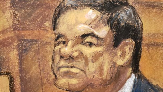 Dibujo de una audiencia durante el juicio contra "El Chapo" Guzmán.