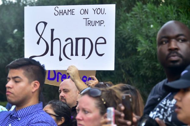 Immigrants and supporters demonstrate during a rally in Los Angeles, 5 September