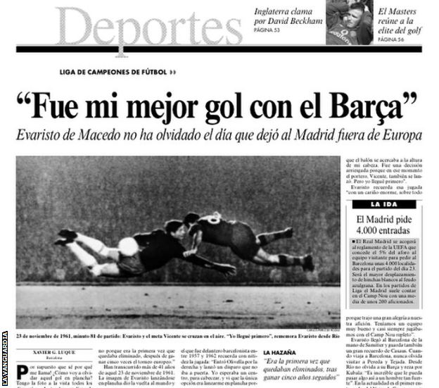La Vanguardia newspaper cutting of interview with Evaristo, featuring a photo of his diving header against Real Madrid