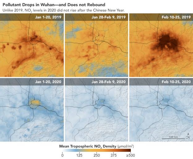 An image released by Nasa shows how pollution levels have dropped in Wuhan this year