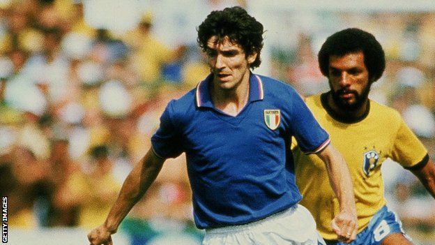 Paolo Rossi in action at the 1982 World Cup against Brazil