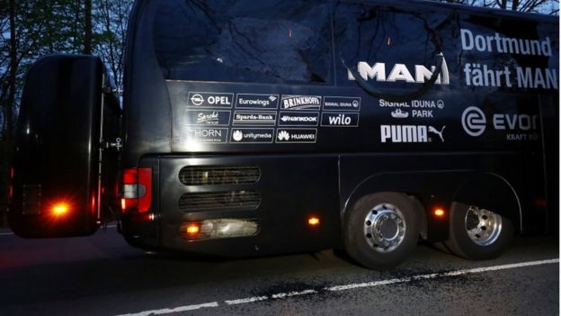 Damaged Borussia Dortmund bus on 11 April