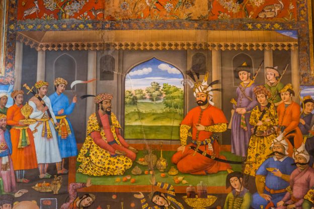 Detail of painting of Shah Tahmasp and the Mughal emperor Humayun, Chehel Sutun Palace, Isfahan, Iran