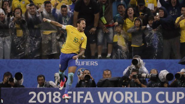 Neymar celebrates scoring for Brazil