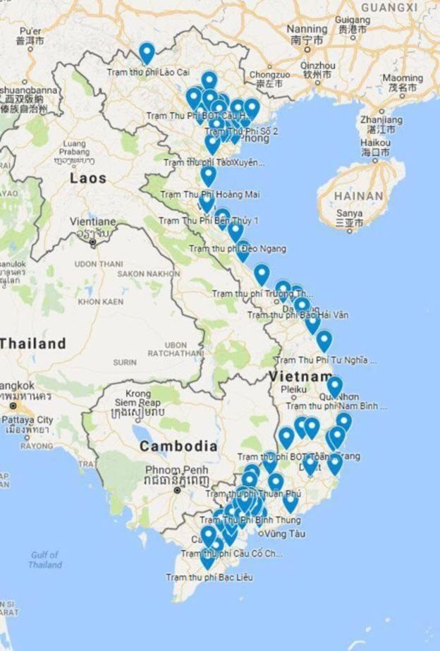 Bản đồ đánh dấu các trạm BOT ở Việt Nam