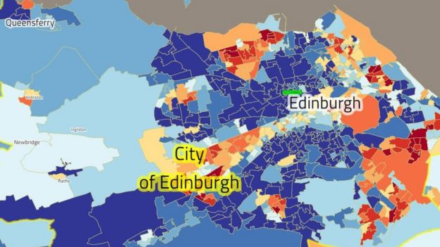Dark blue is the least deprived 10% of Scotland, according to SIMD