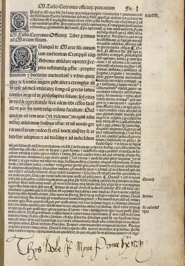 Copia de "De oficios" de Cicerón que le perteneció a Enrique VIII, como escribió él mismo en la parte inferior: "Este libro es mío príncipe Enrique".