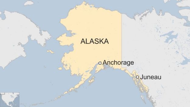 mapa de Alaska que muestra la ciudad de Anchorage y Juneau