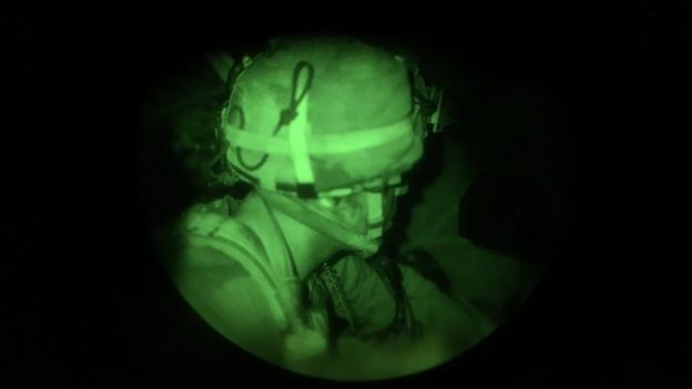 Israeli soldier seen through night-vision on border with Lebanon