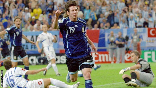 Lionel Messi celebrates scoring for Argentina against Serbia at the 2006 World Cup