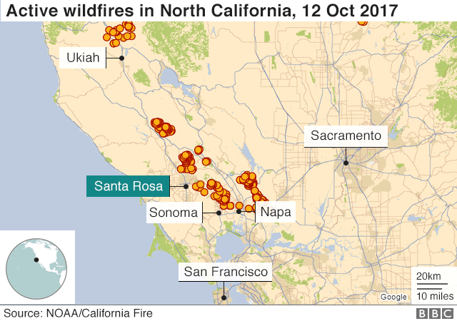 Map showing active wildfires in California
