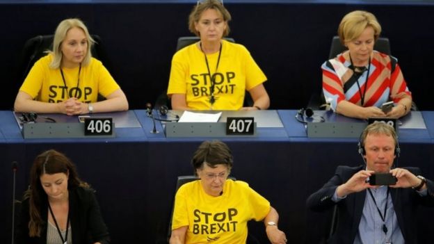 Liberal Democrat MEPs wearing "Stop Brexit" T-shirts