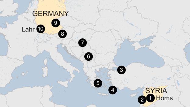 Map shows Rami's journey from Syria to Germany