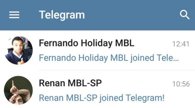 Notificação do Telegram mostrando a entrada dpo vereador Fernando Holliday (DEM-SP) e de Renan Santos, ambos líderes do MBL