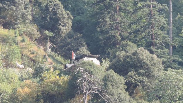 Indian post 2 in Keran-Lawat Shot again from the road on Pakistani side: it's barricaded on all sides with sandbags