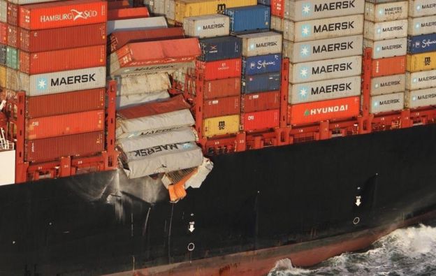 A picture taken by a Dutch coastguard plane showed containers collapsing on top of one another and falling into the sea