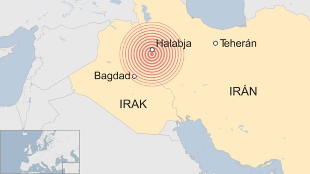 Mapa de la zona donde afectó el terremoto entre Irak e Irán