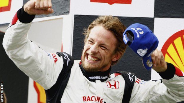 Jenson Button celebrates winning the 2006 Hungarian Grand Prix