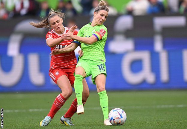Georgia Stanway challenging Svenja Huth of Wolfsburg