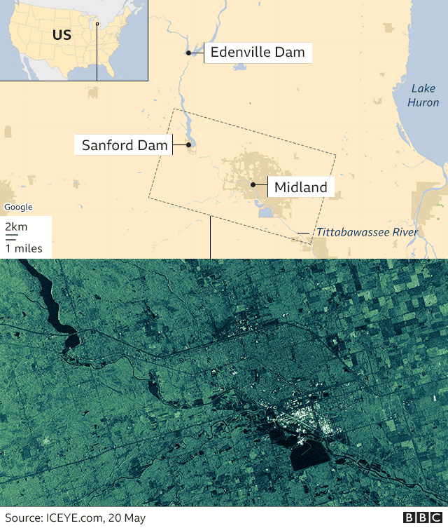 Map and satellite image of the area in Michigan where the dams have burst