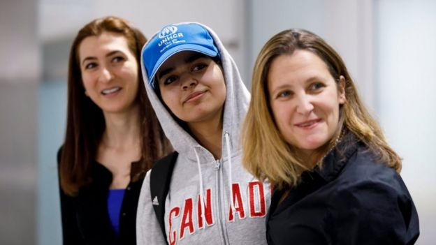 Asylum Seeker Rahaf Mohammed al-Qunun, 18, along with Canadian minister of Foreign Affairs Chrystia Freeland