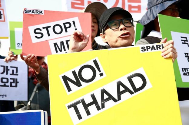 South Korean protesters display placards during a rally held to demand the removal of the US military's Terminal High Altitude Area Defense (THAAD) system, near the US embassy in Seoul, South Korea, 28 April 2017.