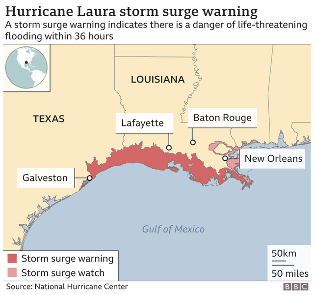 A map showing the expected storm surge