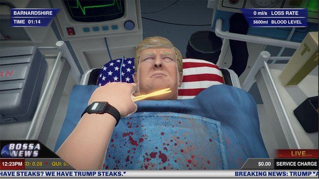 A screen shot of Donald Trump from the game Surgeon Simulator where the Republican front runner is given a heart operation.
