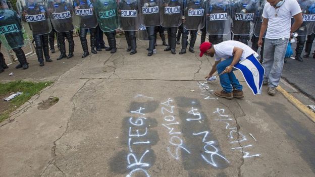 Un hombre pinta una consigna comparando a Ortega y Somoza.