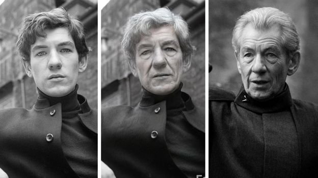 Sir Ian McKellen antes de usar la aplicación, después de usarla y como luce en la vida real actualmente.