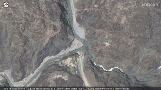 Satellite image shows the area near the Line of Actual Control (LAC) and Patrolling Point 14 in the eastern Ladakh sector June 22, 2020.