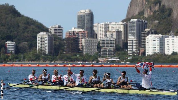 Team GB's men's eight celebrate after winning gold at Rio 2016