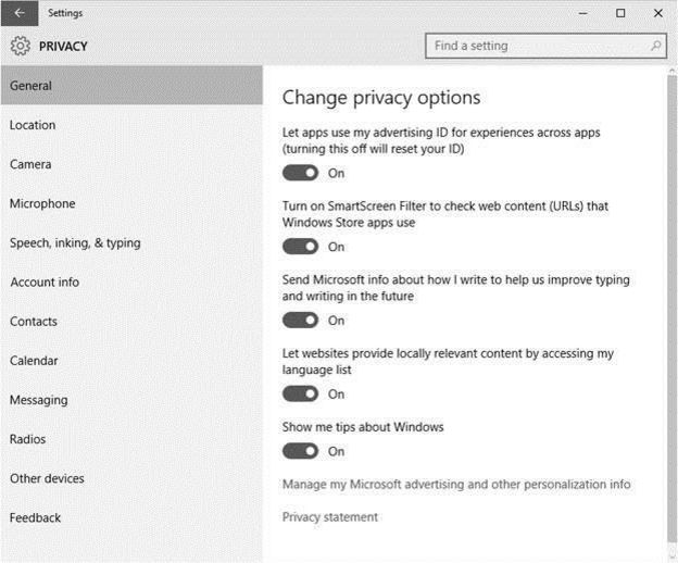 La pantalla de privacidad en Windows 10