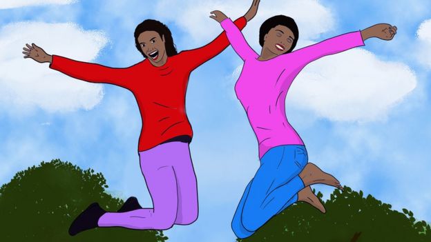 Ilustración de dos mujeres saltando.