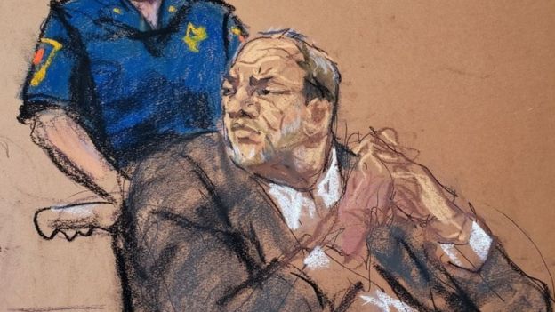 A sketch of Weinstein during his sentencing